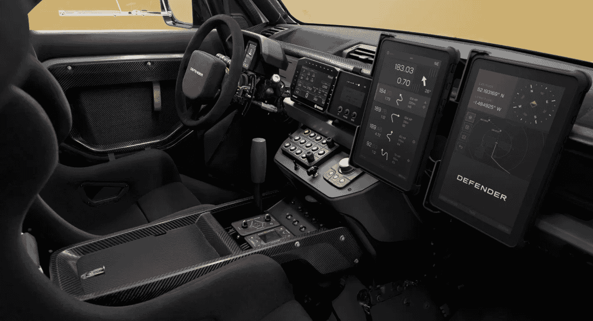 Interior view of the D7X-R cockpit featuring carbon fiber trim and multiple digital navigation screens.