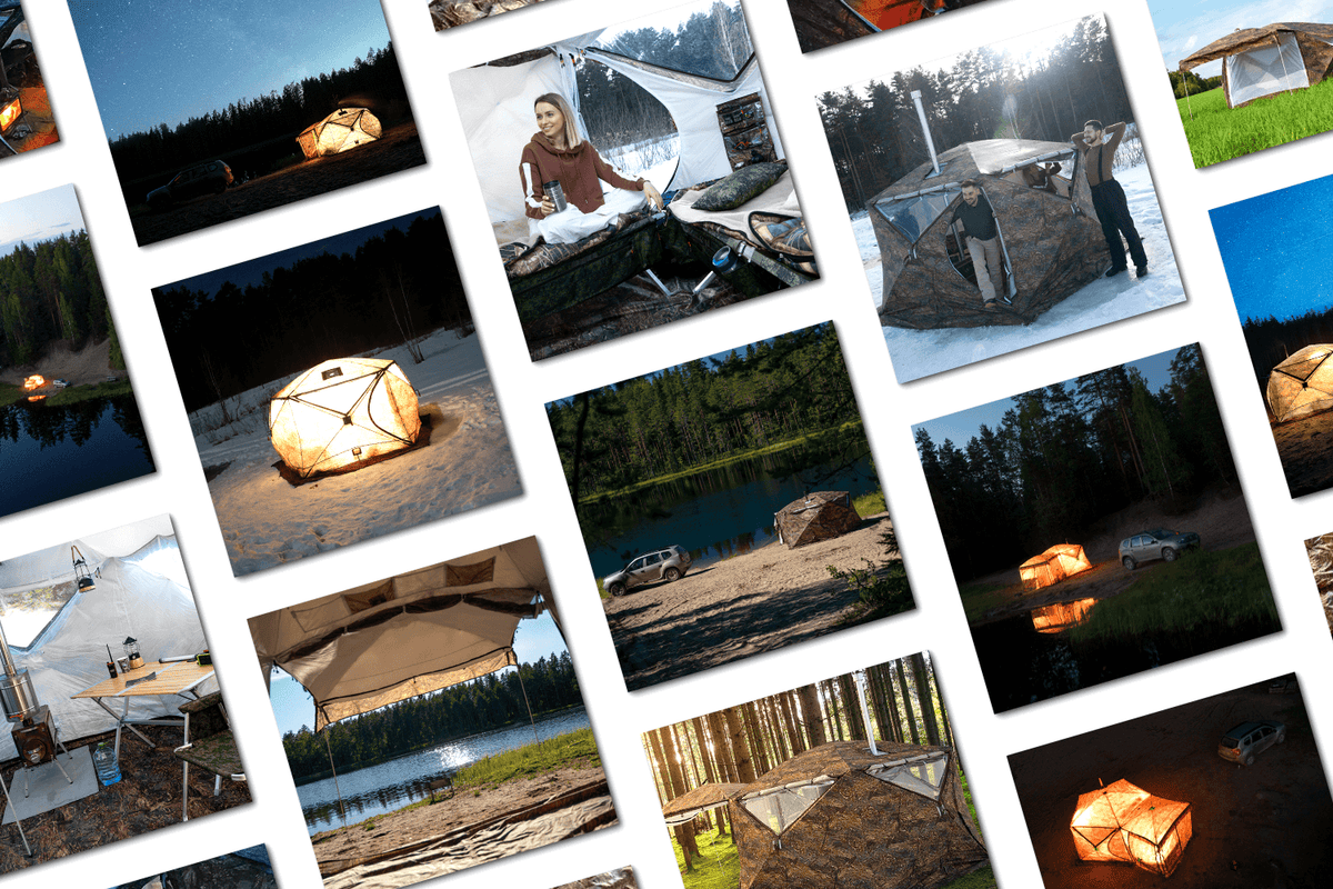 A professional 4-season expedition tent pitched in a deep snowfield under a clear winter sky.