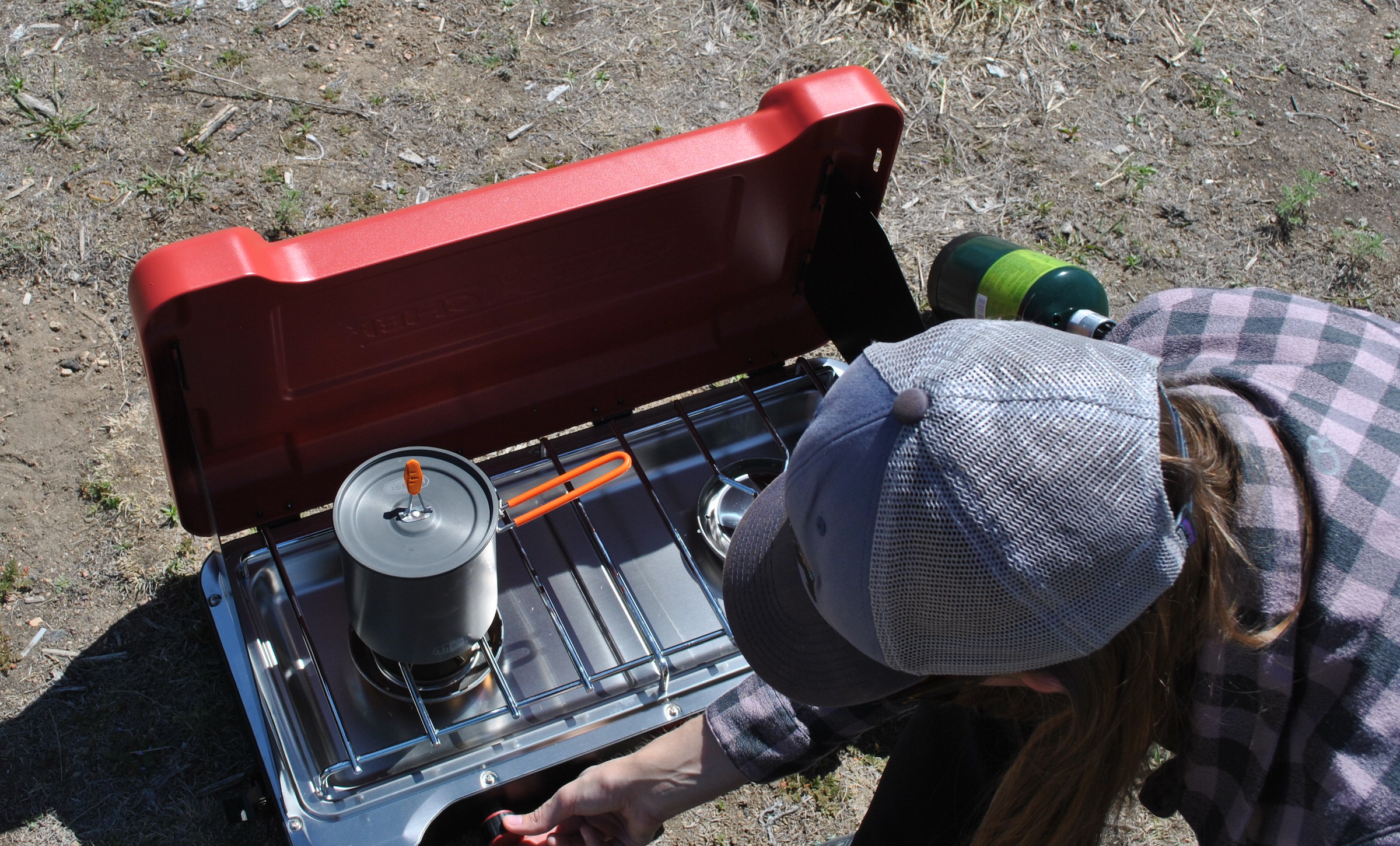 A close-up of a blue flame on a Camp Chef Everest stove.