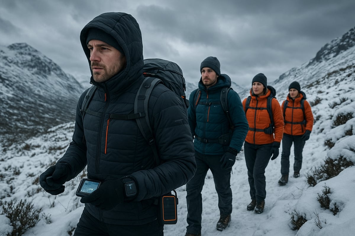 A collection of modern winter hiking gadgets, GPS devices, and high-tech equipment laid out on a flat surface.