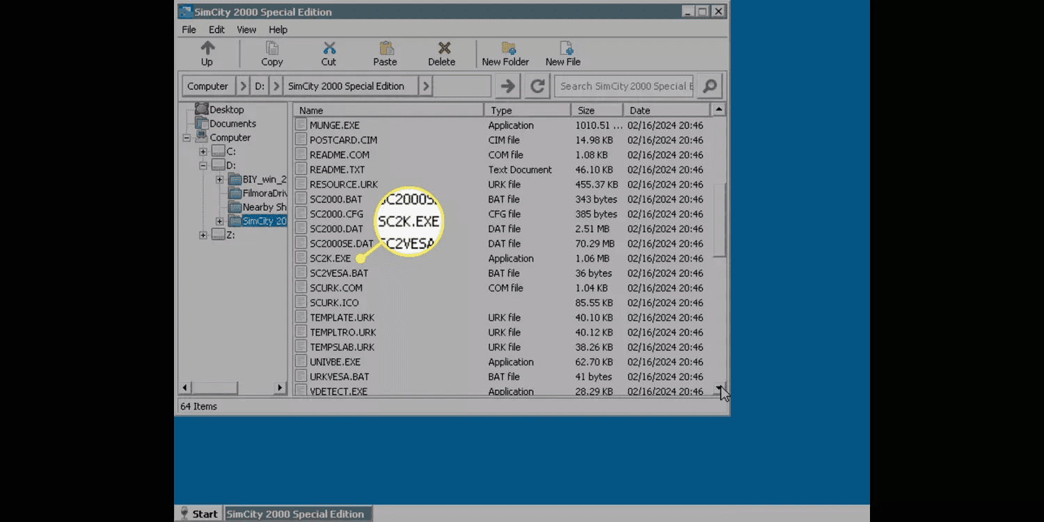A mobile file explorer inside an emulator selecting a .exe file to launch a PC game.