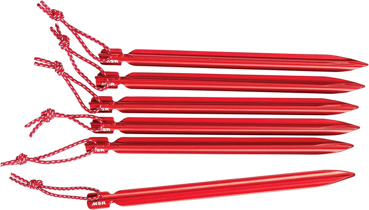 Red MSR Mini Groundhog aluminum tent stakes with pull cords.