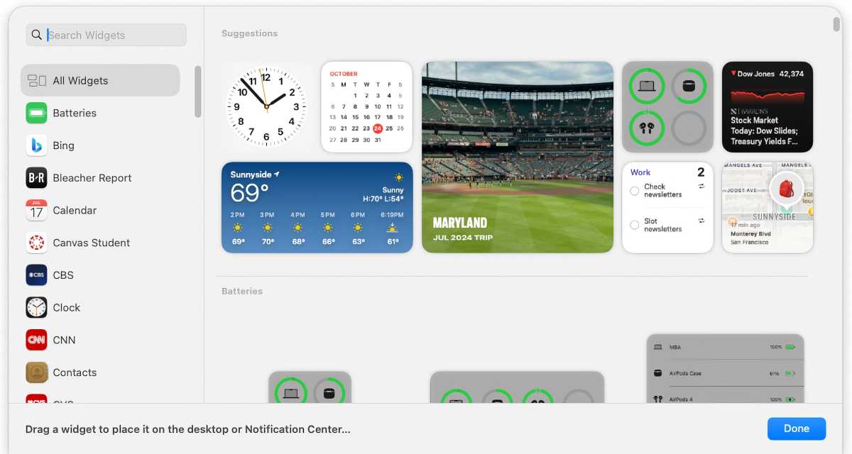 A macOS desktop featuring various functional widgets and the interface layout