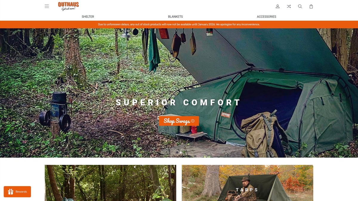 Outhaus canvas swags and tarps set up for shelter in a rugged environment.