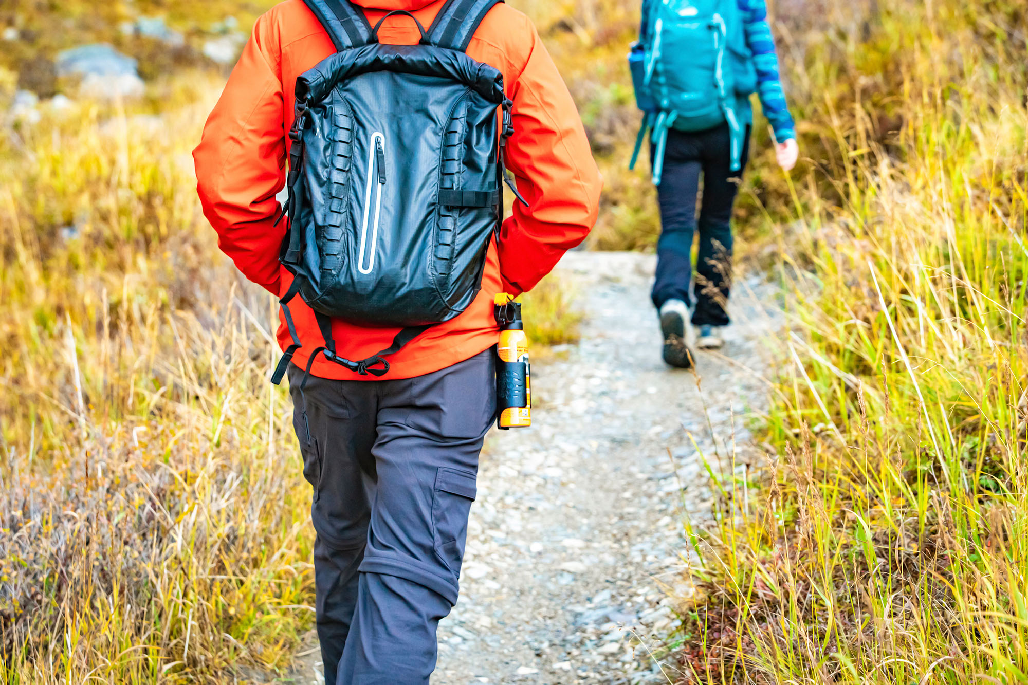 Close-up of a hiker's hip showing bear spray secured in an easily accessible holster.
