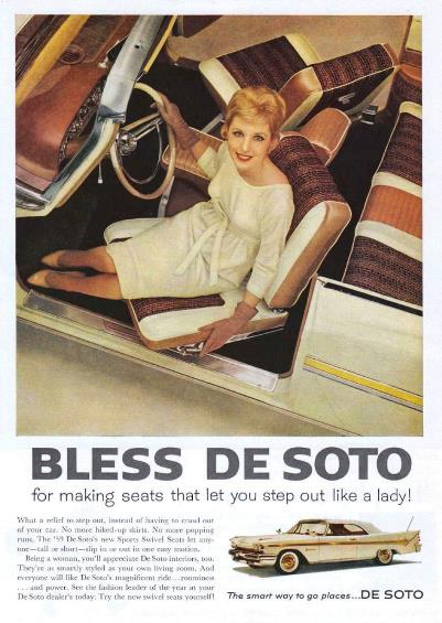 A vintage 1959 DeSoto print advertisement featuring a woman effortlessly exiting a car thanks to a swivel seat.