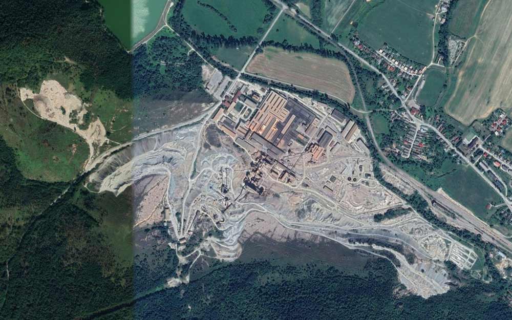 Aerial view of the massive Jelsava-Lubenik magnesite mine in Slovakia