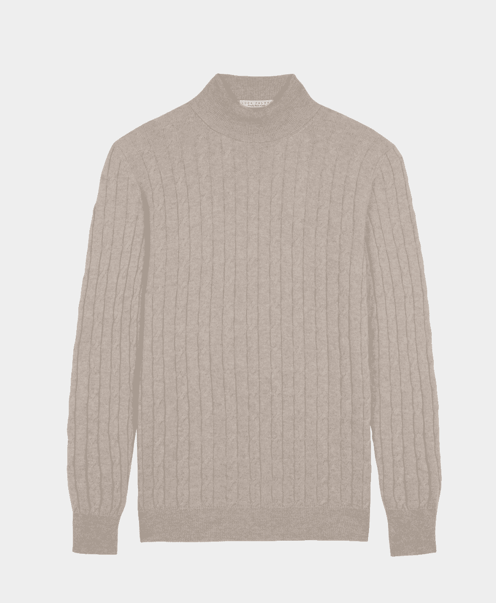 Flat lay of a beige ribbed cable-knit mock neck sweater.
