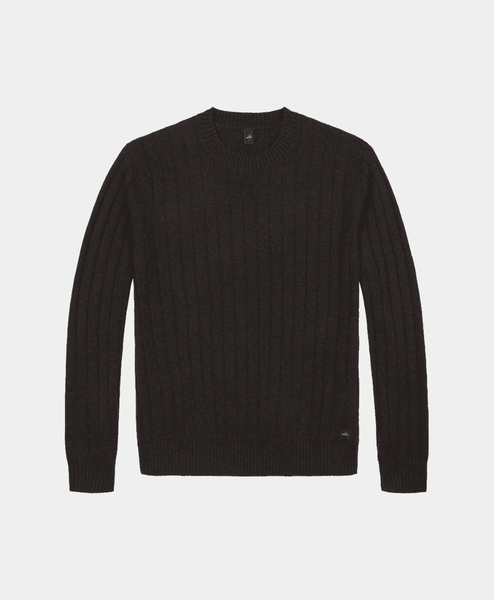 Flat lay of a black ribbed knit sweater with a clean silhouette.