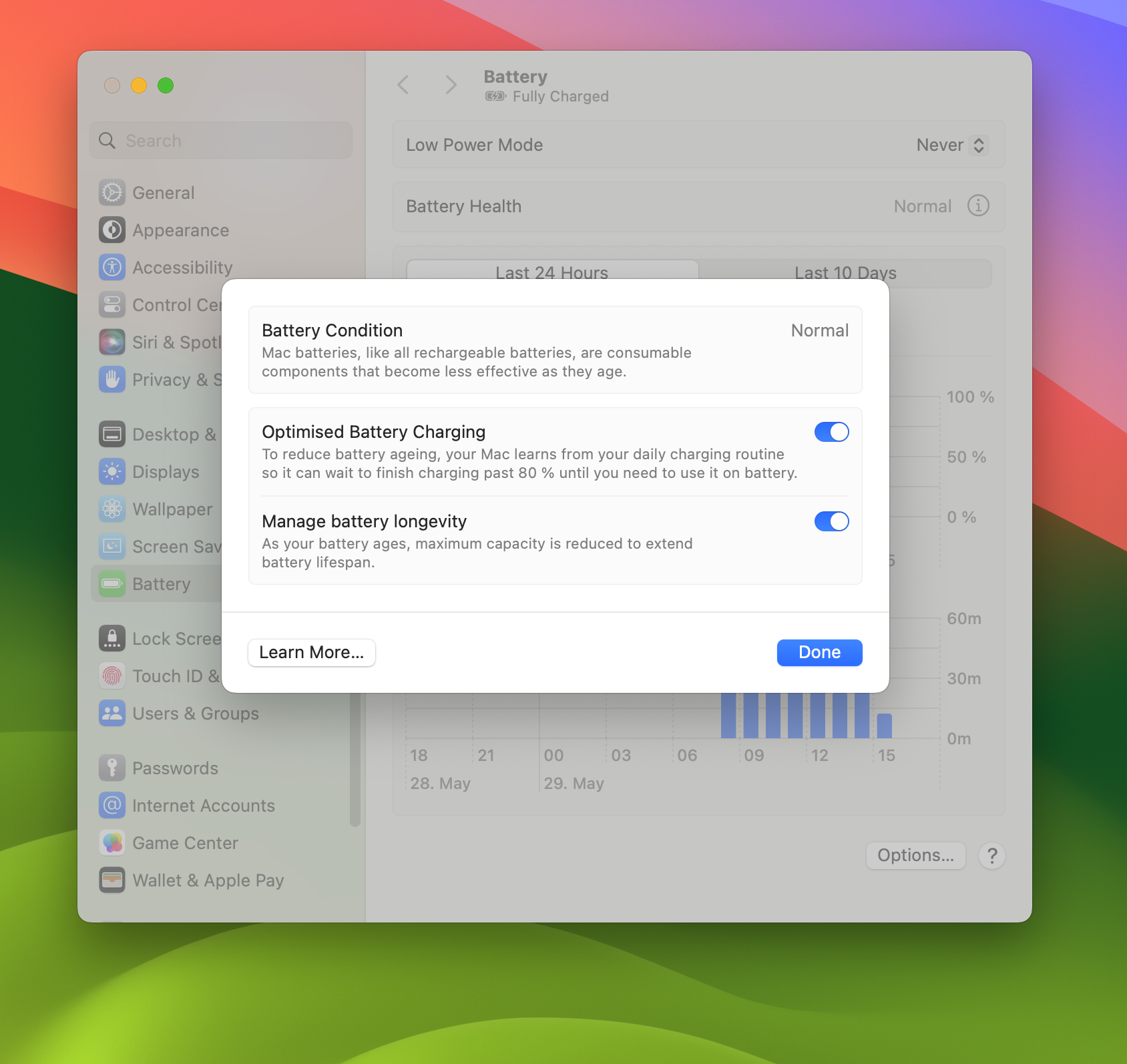 Battery health status pop-up showing a normal condition status.