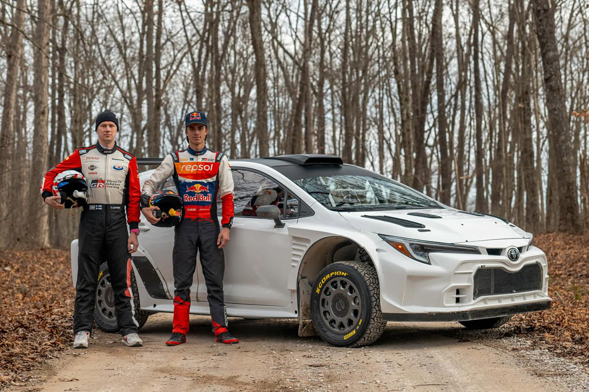 A close-up detailed view of the Toyota GR Corolla RC2's aerodynamic and racing components.