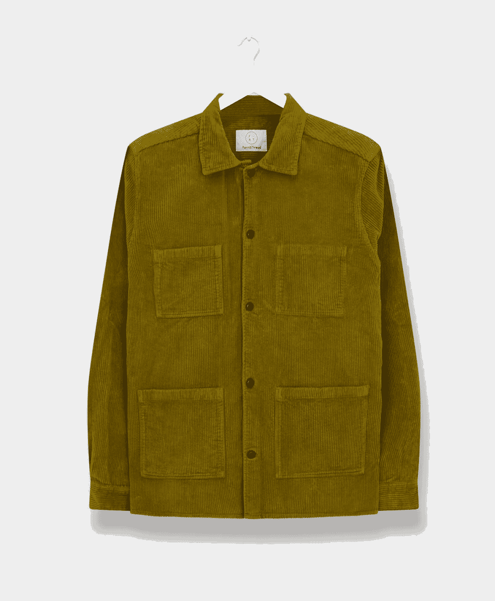 A mustard-yellow corduroy chore jacket with four patch pockets displayed on a hanger.