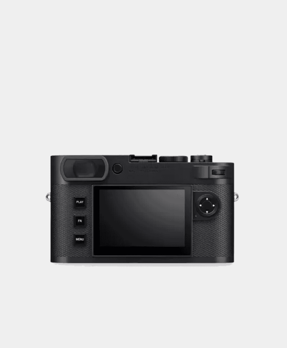 Rear view of a black Leica camera showing the LCD screen and physical controls.