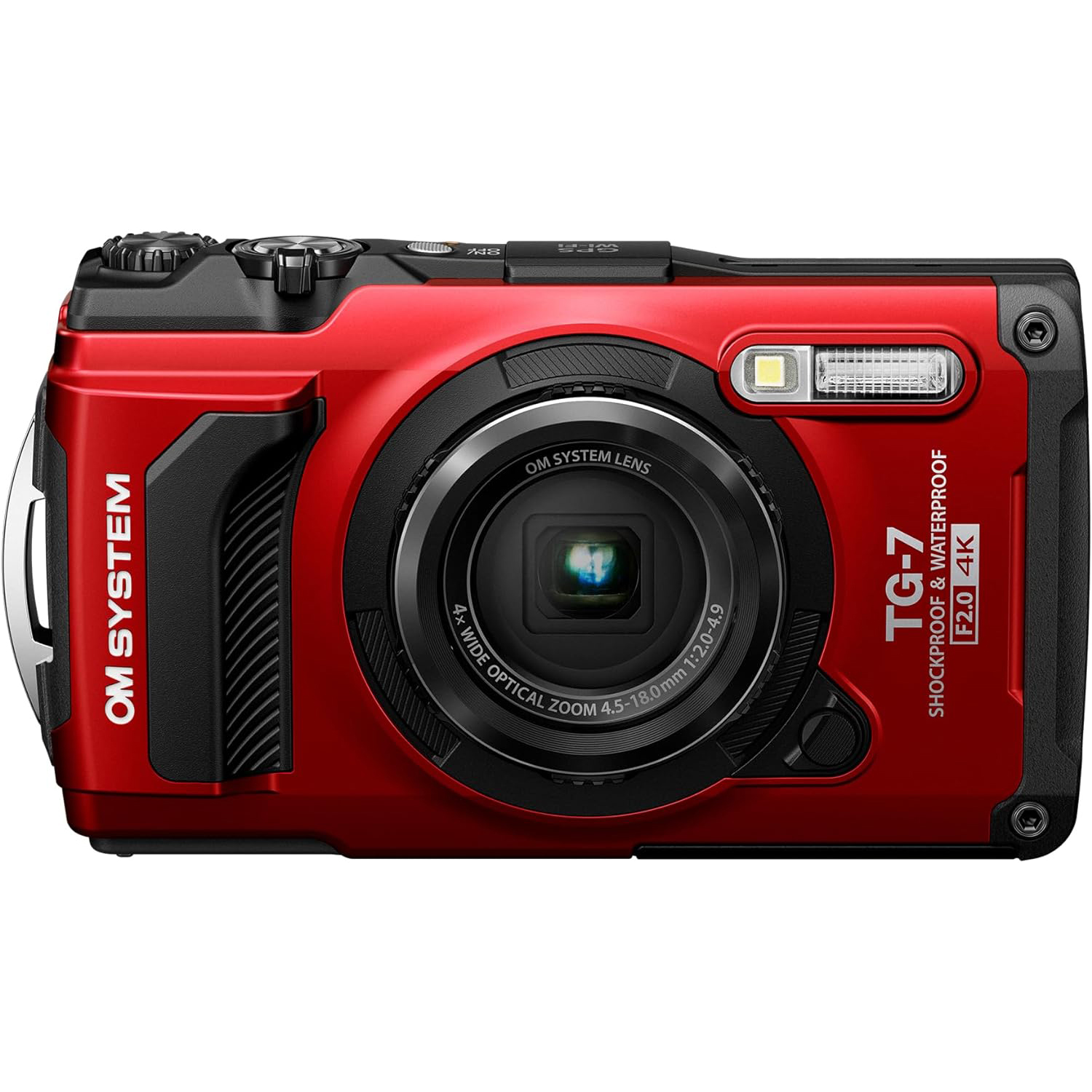 Front view of the red OM System Tough TG-7 waterproof camera.