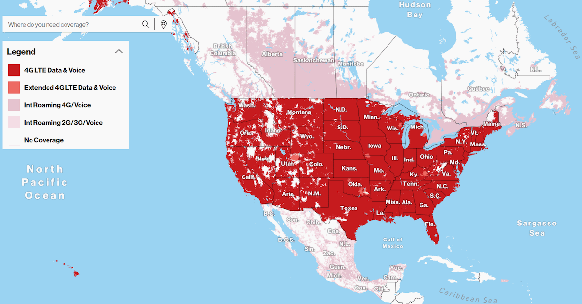 A geographic map of the United States showing the 4G LTE and 5G coverage areas of the Verizon network.