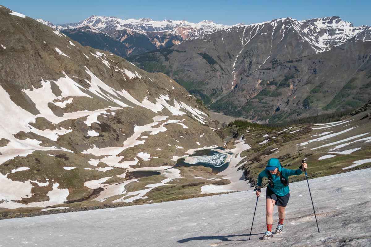 A tester wearing Injinji toe socks in a snowy mountain environment.
