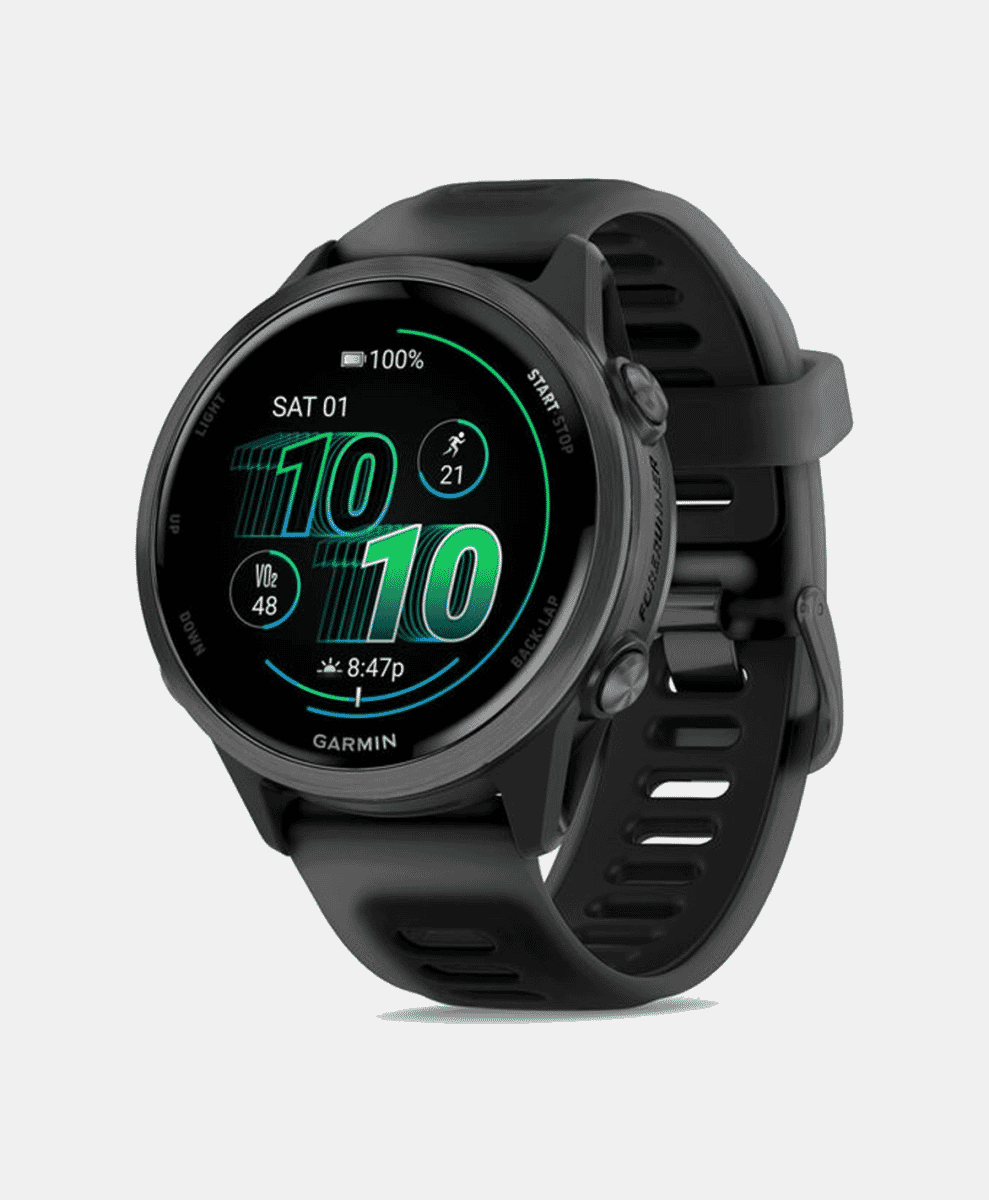 Garmin Forerunner smartwatch displaying fitness metrics on a digital screen.