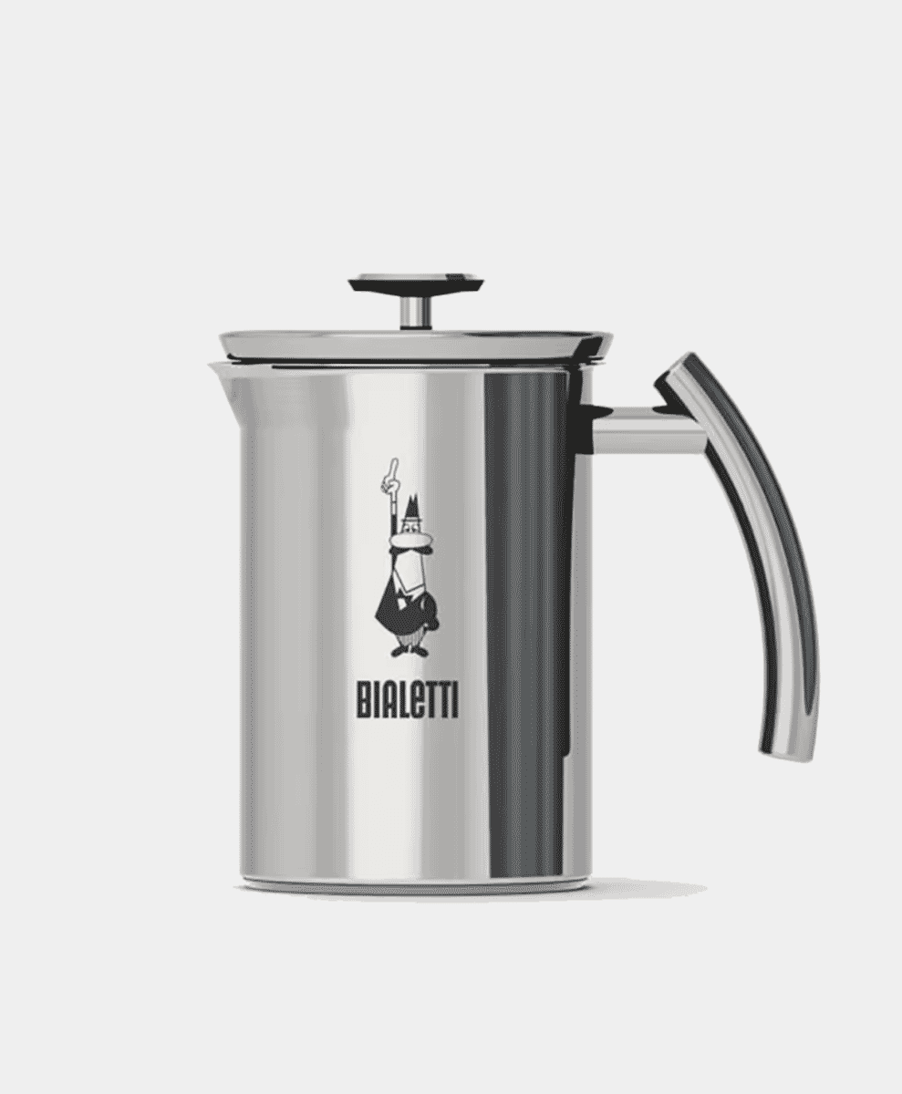 A stainless steel Bialetti milk frother.
