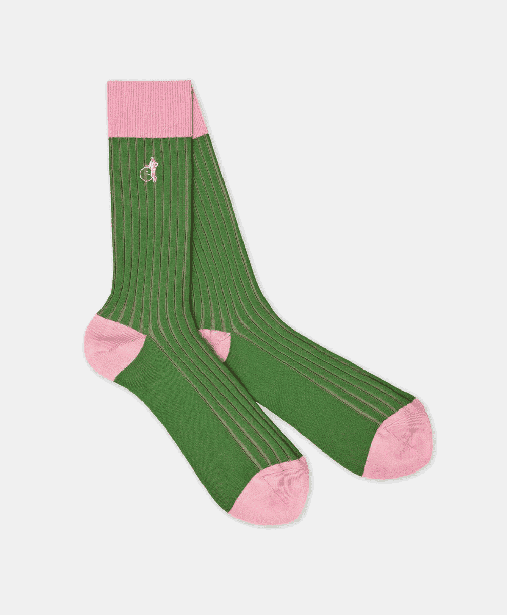 Green ribbed dress socks with pink accents and an embroidered cyclist logo.
