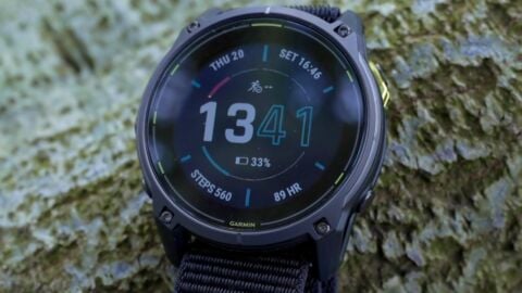 Close up of the Garmin Enduro 3 watch face and strap