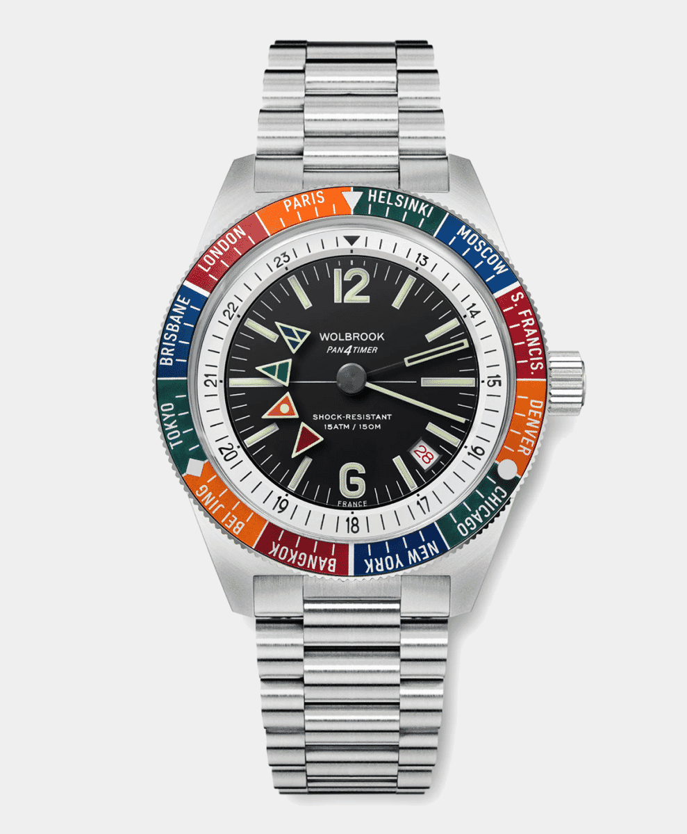 A stainless steel Wolbrook Pan4Timer watch with a black dial and colorful bezel.
