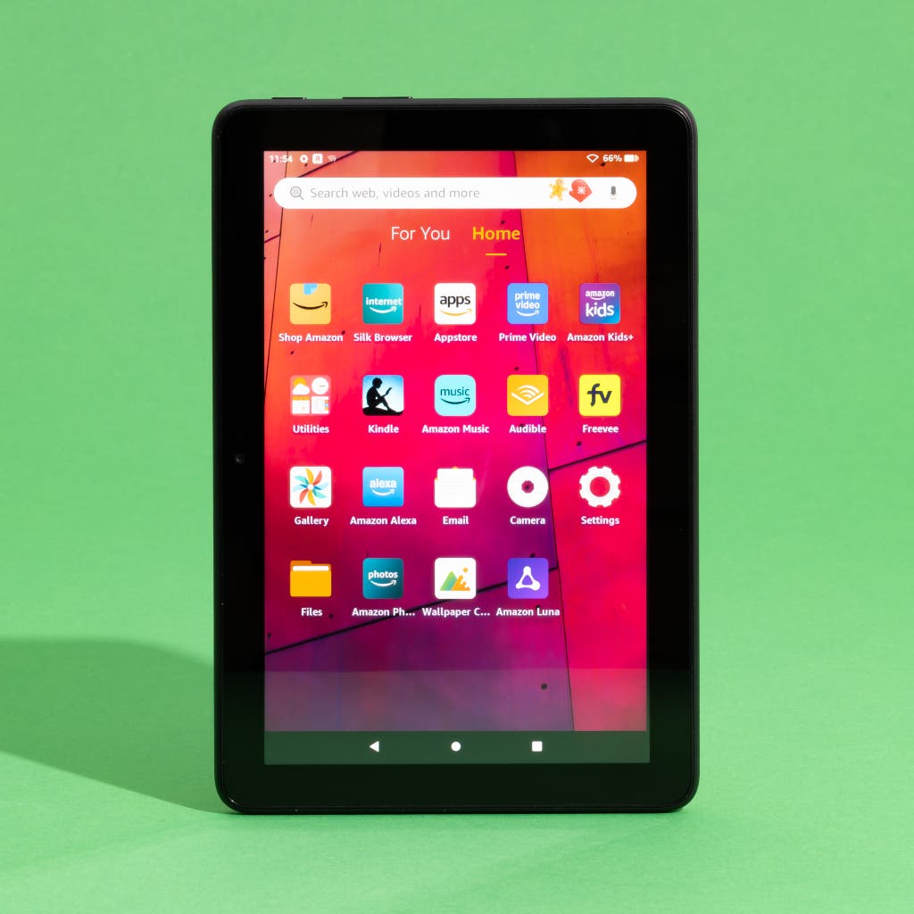 Front view of the Amazon Fire HD 8 twelfth generation tablet with its display on.