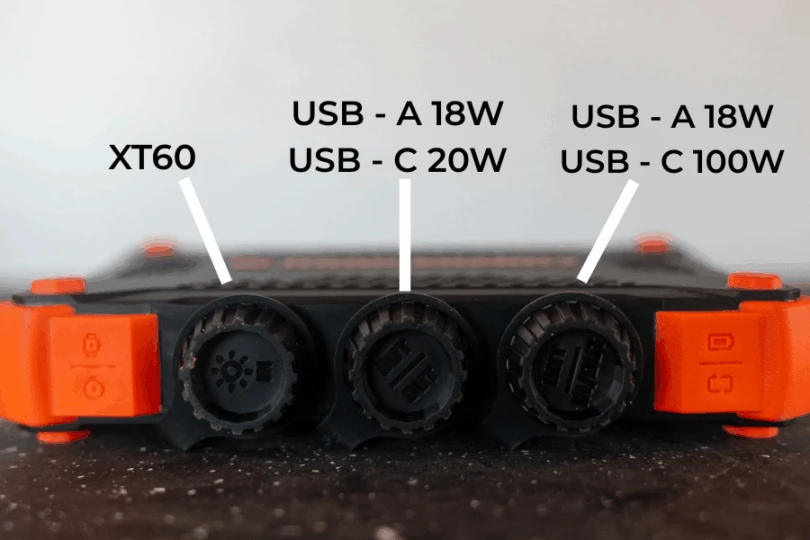 Detailed close-up of the USB-C, USB-A, and XT60 ports on the Dark Energy Poseidon XL.