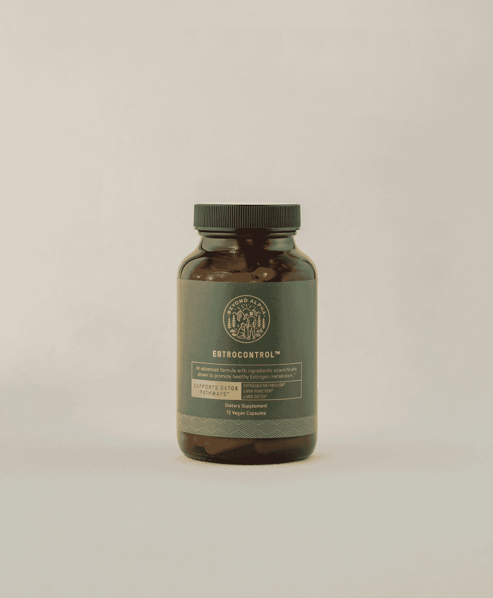 Amber bottle of Estrocontrol by Beyond Alpha with a green label focusing on estrogen metabolism.