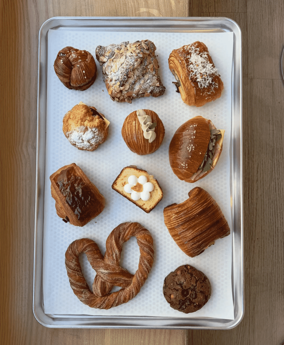 A metal tray displaying an assortment of artisanal pastries like croissants and cream-filled buns on a wooden surface.
