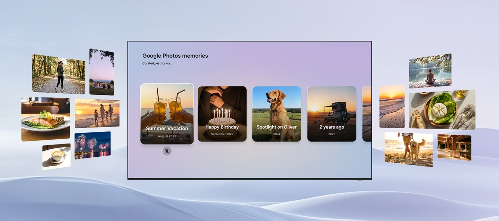 A Samsung AI TV displaying the Google Photos 'Memories' interface with curated photo carousels.