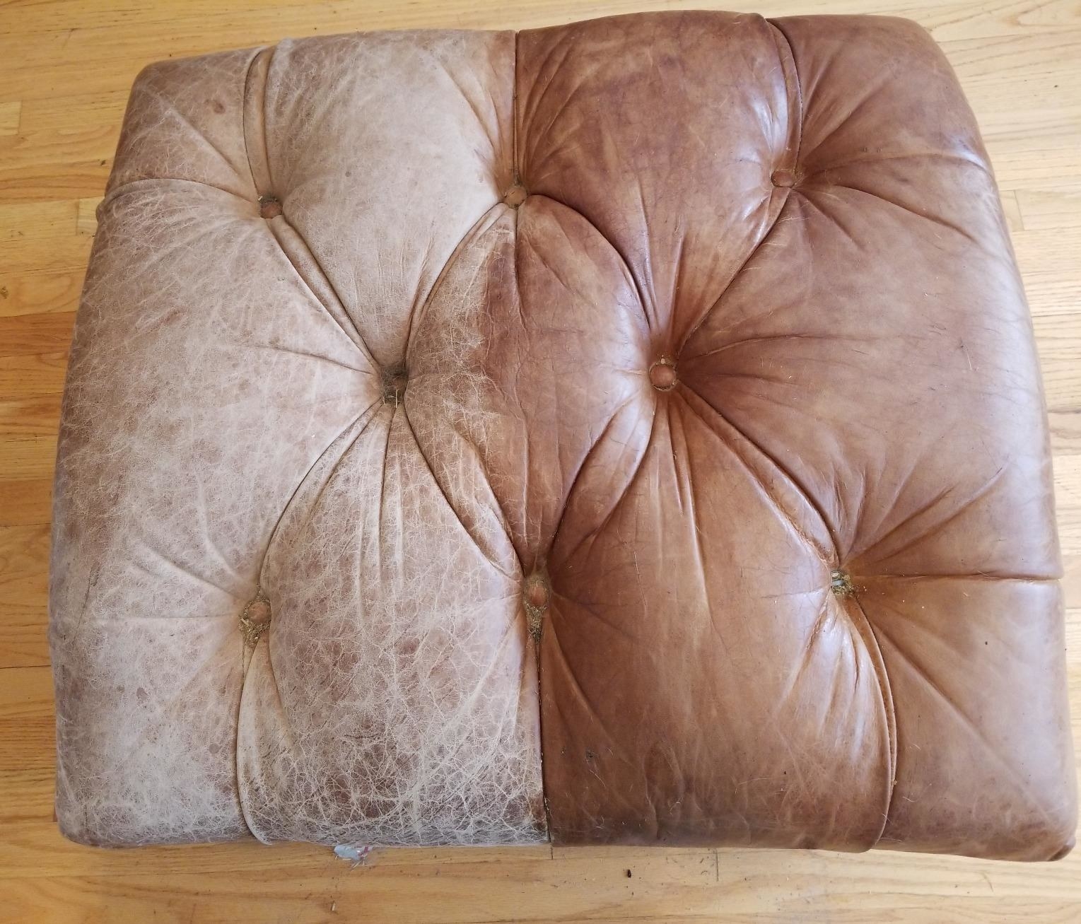 Side-by-side comparison of a faded leather ottoman and a conditioned, rich brown leather surface.