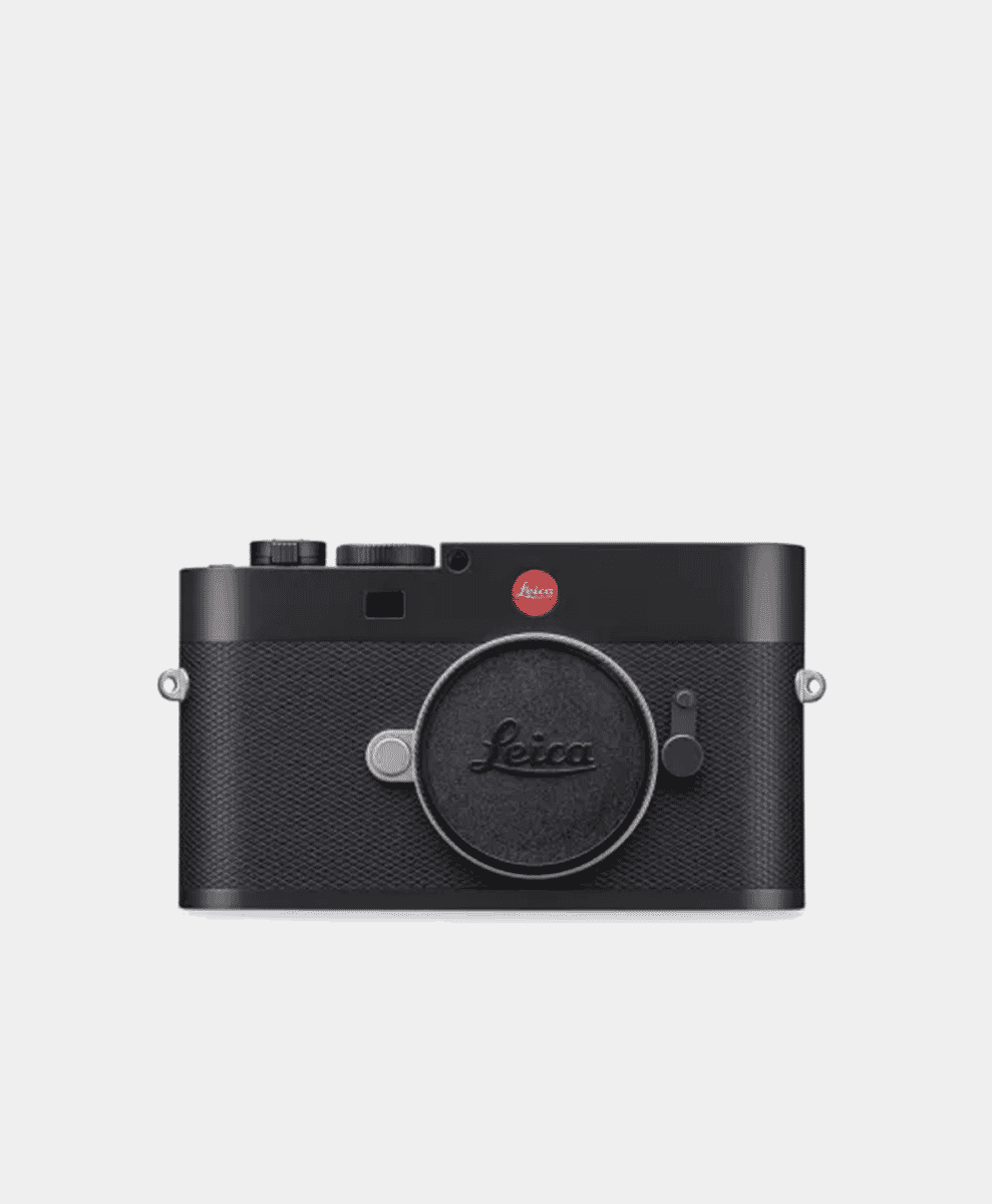 Front view of a black Leica camera with a textured grip and red logo.