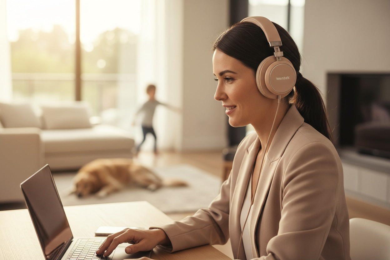 A woman using modern noise-cancelling headphones while working on a laptop at home.
