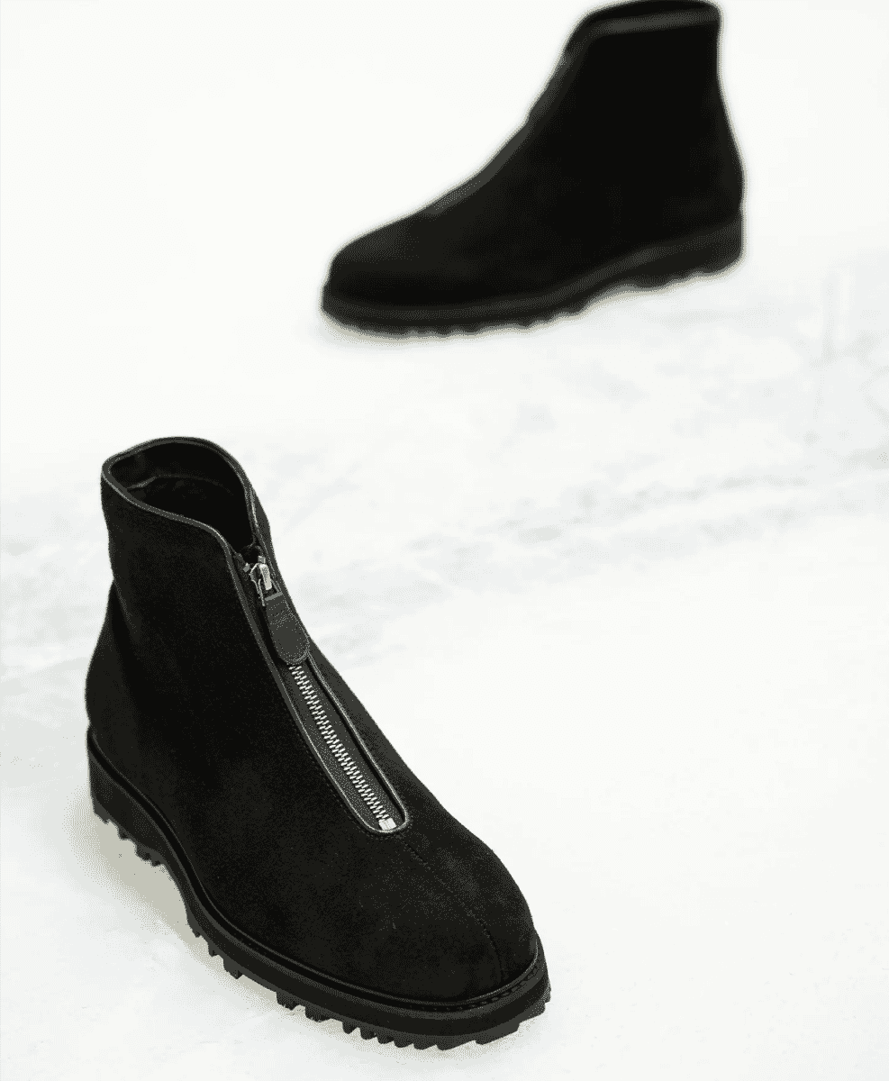 Black suede ankle boots with a front zipper and chunky rubber soles.