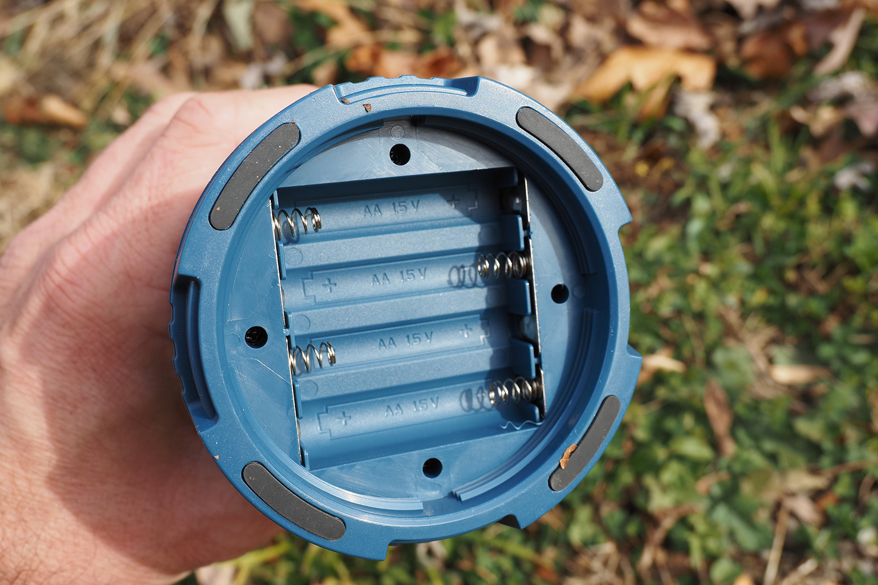 Bottom view of the lantern showing the compartment for 4 AA alkaline backup batteries.