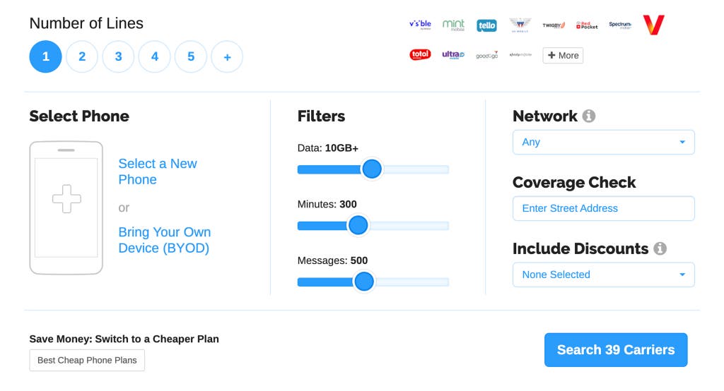 A screenshot of a mobile plan comparison website listing various carrier deals.