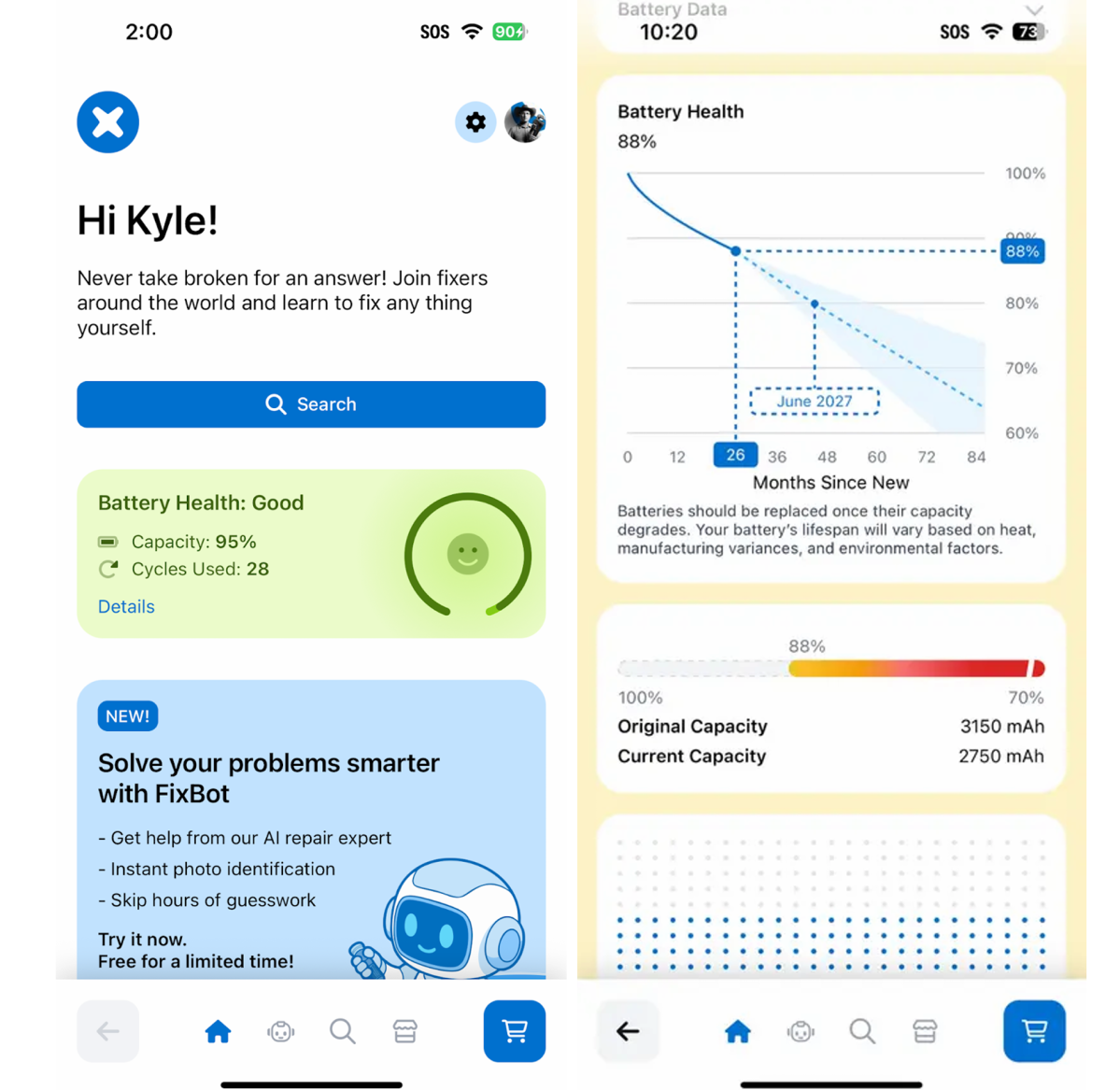 Screenshot of the iFixit mobile app battery health monitor dashboard.