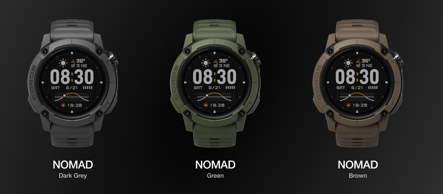 Three COROS NOMAD watches displayed in Orange, Brown, and Green colorways.