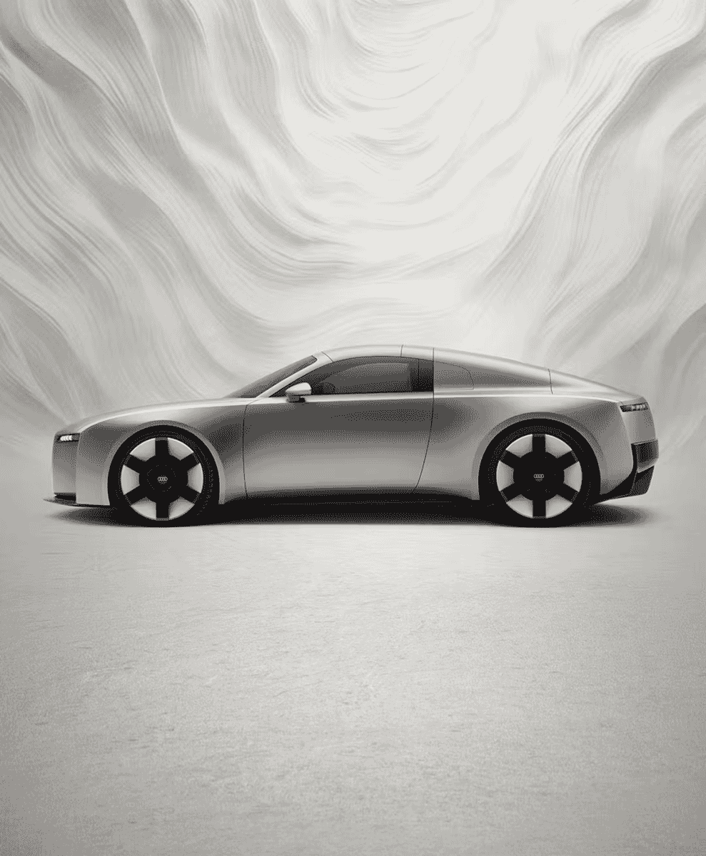 Profile shot of a silver Audi concept car highlighting its aerodynamic silhouette and metallic finish.