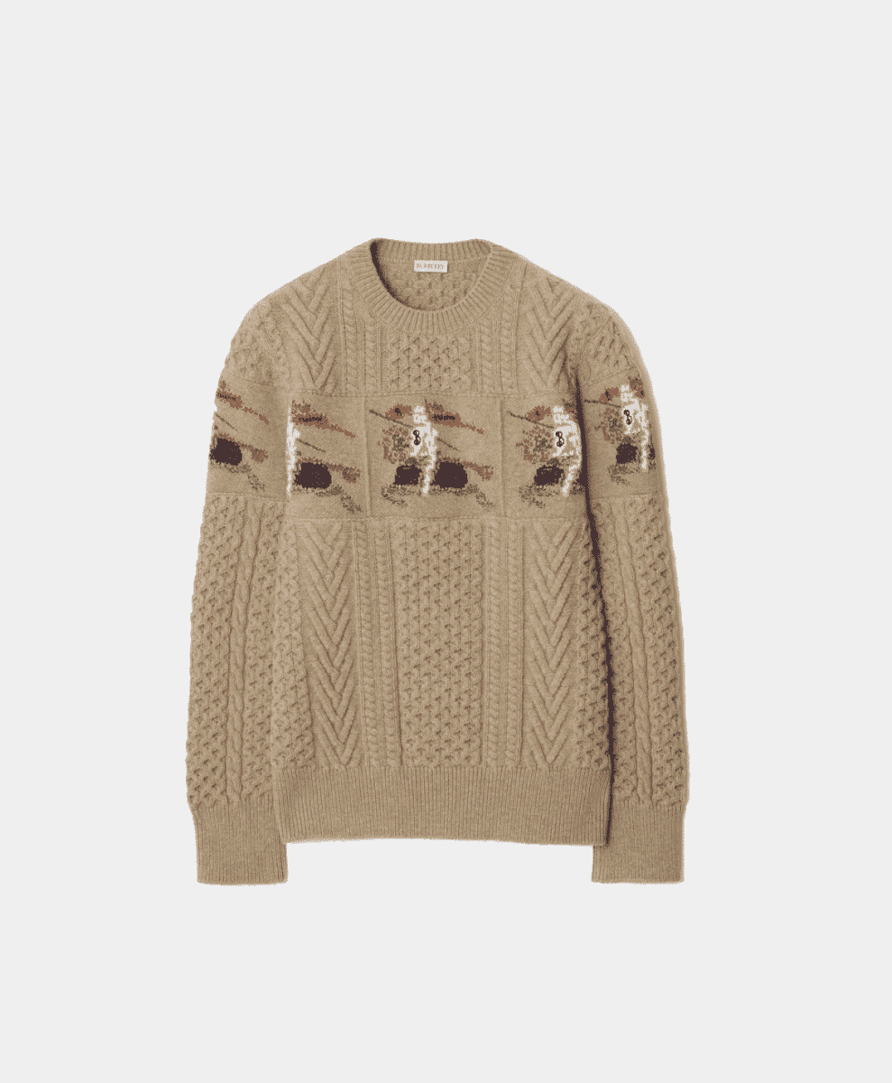 Beige Burberry Aran knit wool sweater featuring embroidered equestrian motifs.