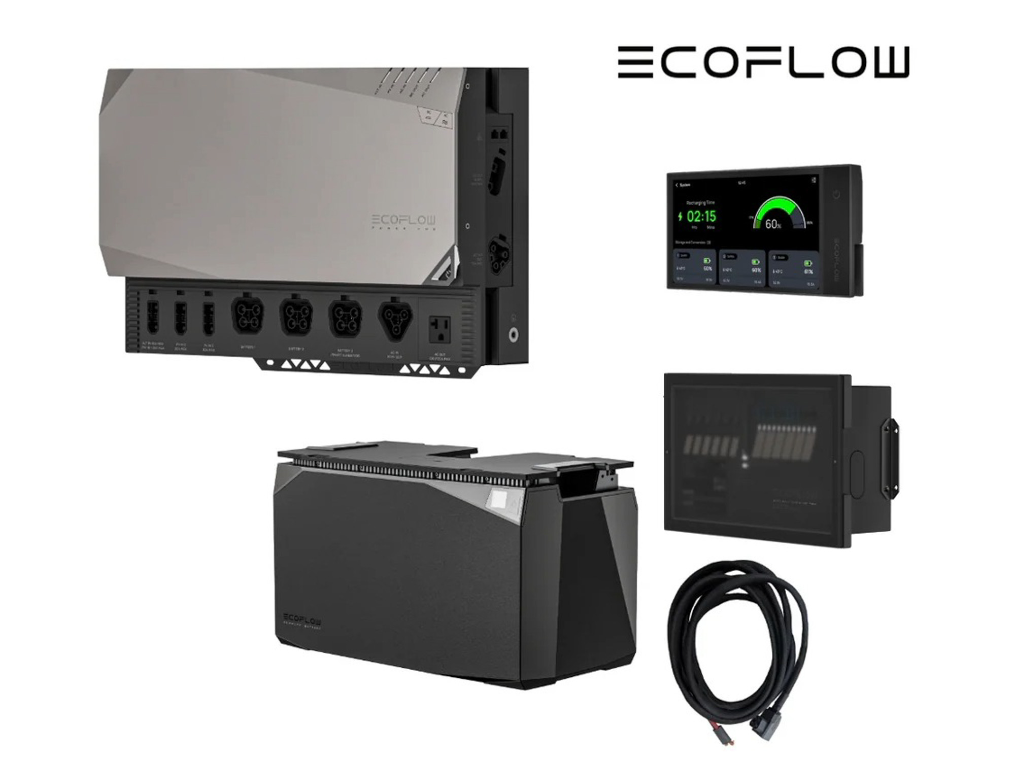 The modular components of an EcoFlow Power Kit, including the Power Hub and stackable batteries.