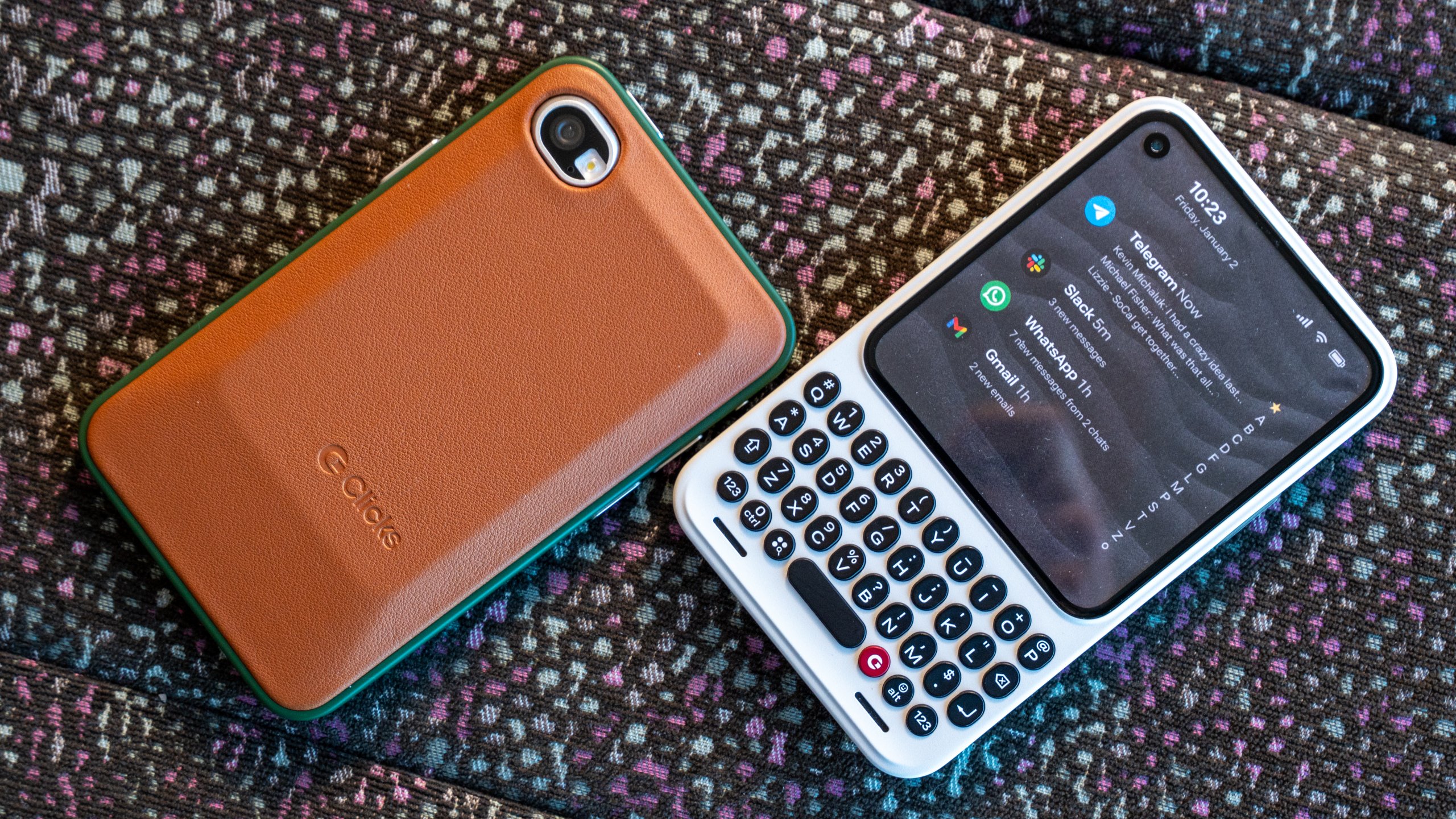 Top edge of the Clicks Communicator showing the 3.5mm headphone jack and tactile buttons.