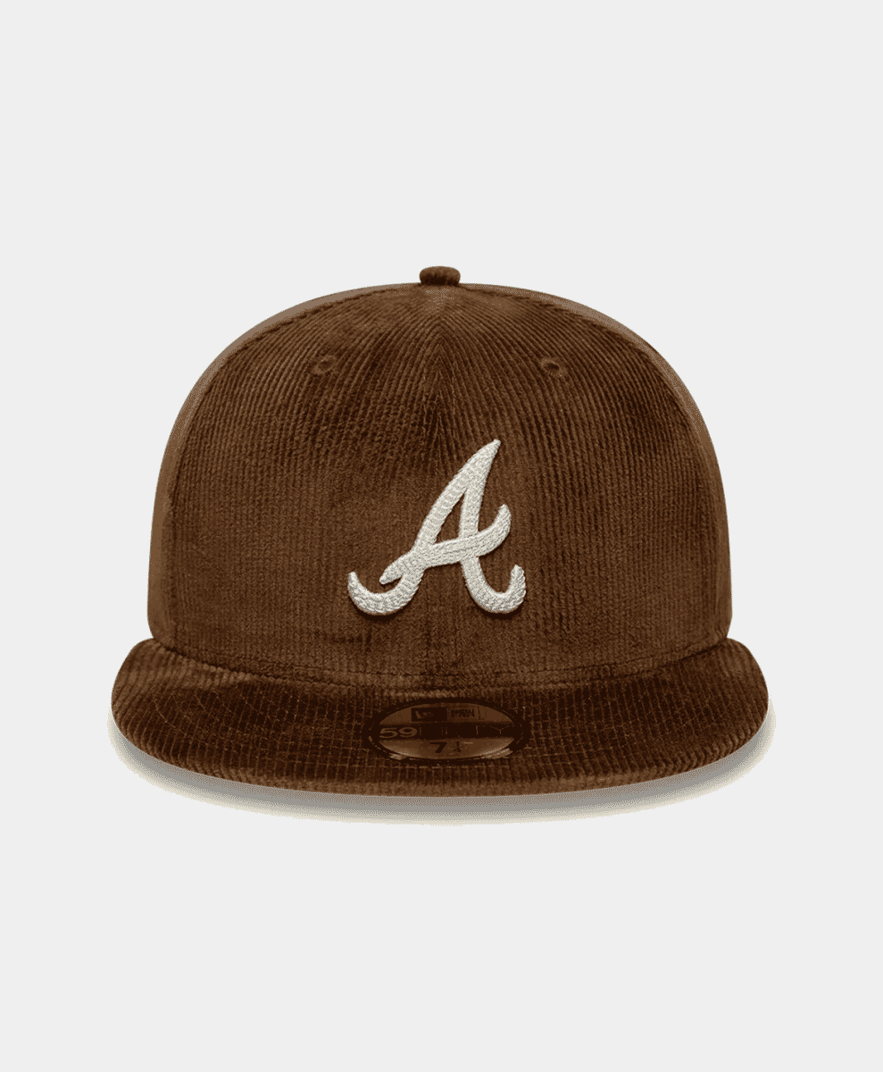 Brown corduroy Atlanta Braves baseball cap with white embroidered logo.