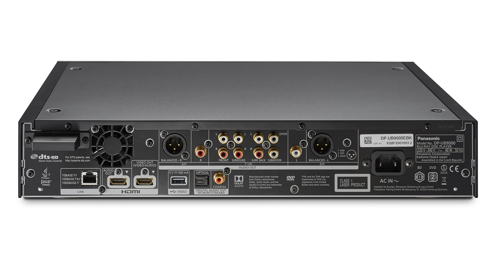 The rear panel of a Panasonic DP-UB9000 showing balanced XLR and analog audio ports.