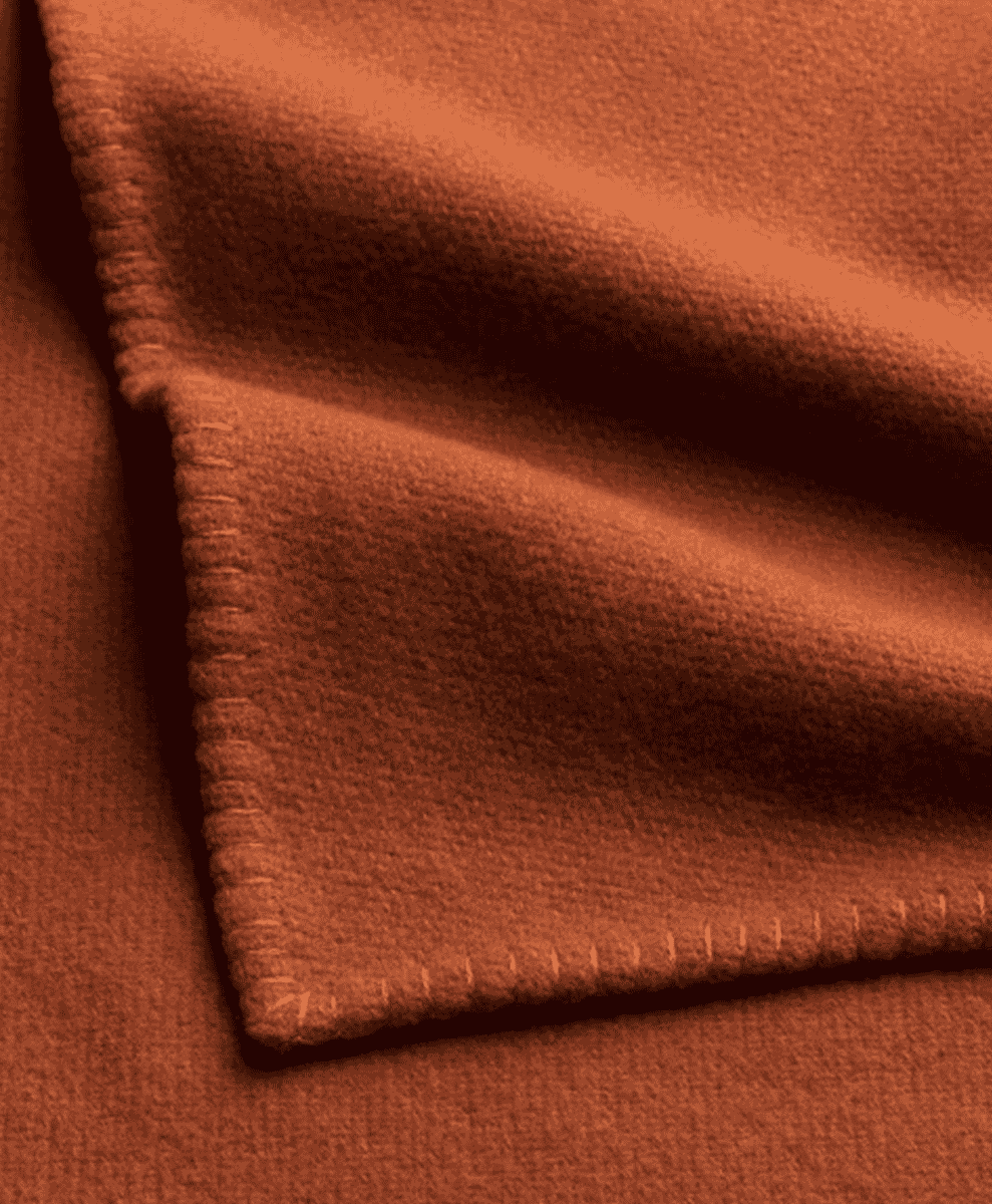 Close-up of a soft brown fleece blanket with stitched edges.
