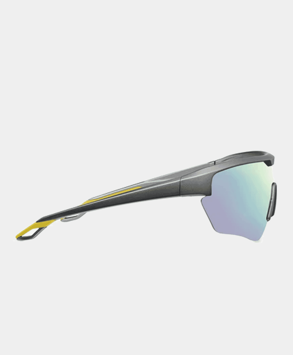 Sporty sunglasses with a matte gray frame and iridescent blue-lilac lenses.