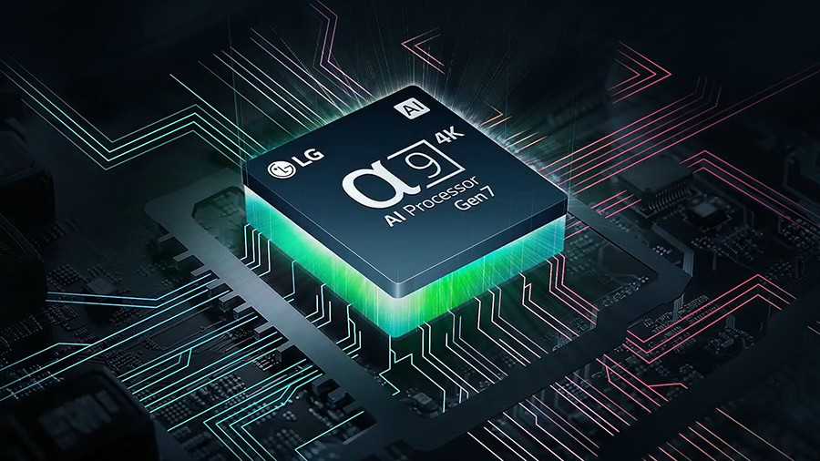 Close-up of the LG Alpha a9 AI Processor Gen 7 chipset used for image processing.