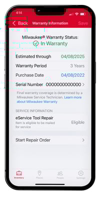 Smartphone screen showing the Milwaukee One-Key app's warranty information section.