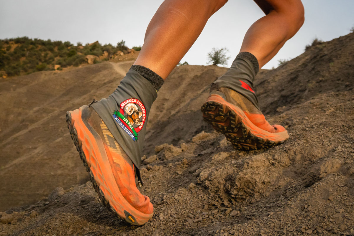 Close-up of the Altra Trail Gaiter hook-and-loop attachment system on the heel of a shoe.