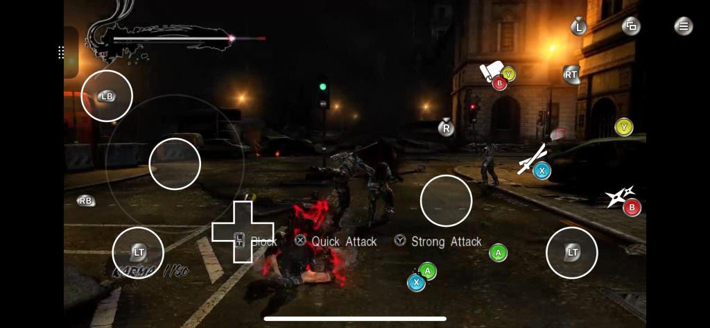 A close-up of an iPhone screen showing touchscreen controls for a cloud game.